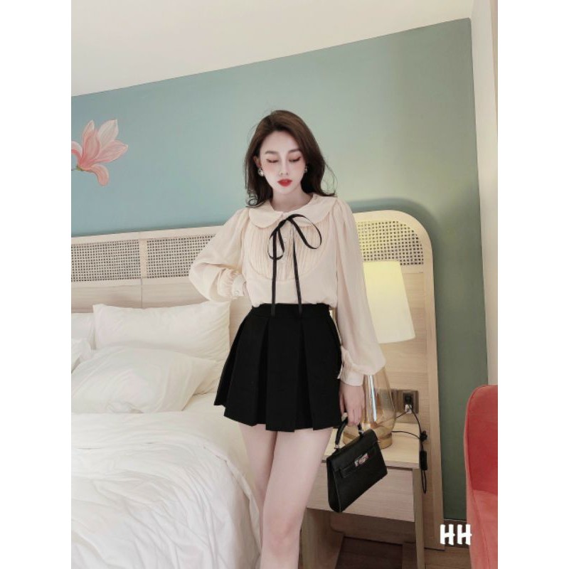 Áo voan cổ sen buộc nơ đen