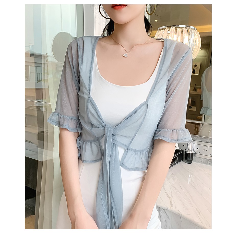 Áo khoác voan viền bèo nơ trước siêu xinh | BigBuy360 - bigbuy360.vn