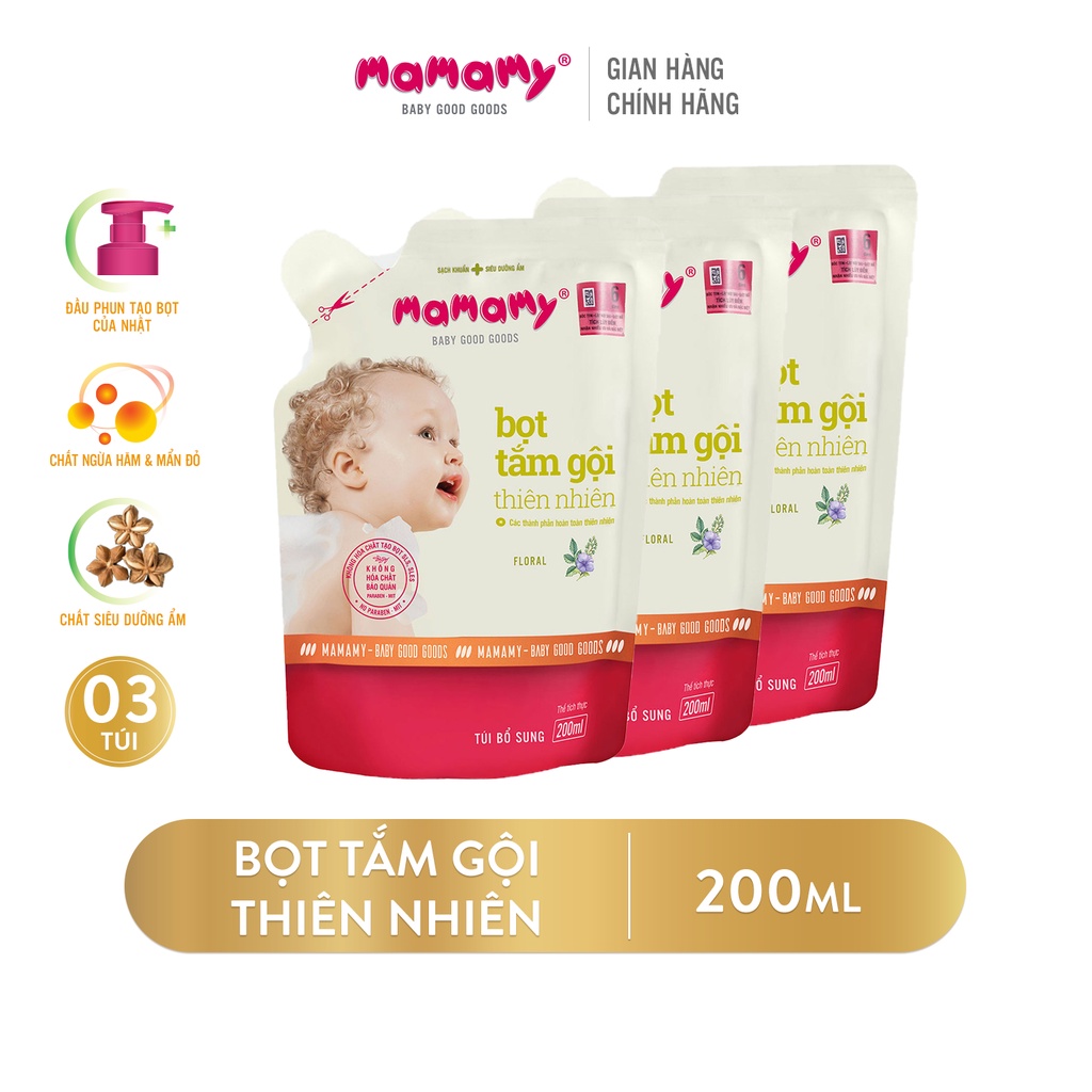 [Mã LT50 giảm 50k đơn 250k] Combo 3 túi bổ sung Bọt tắm gội thiên nhiên Mamamy hương Floral 200ml/túi