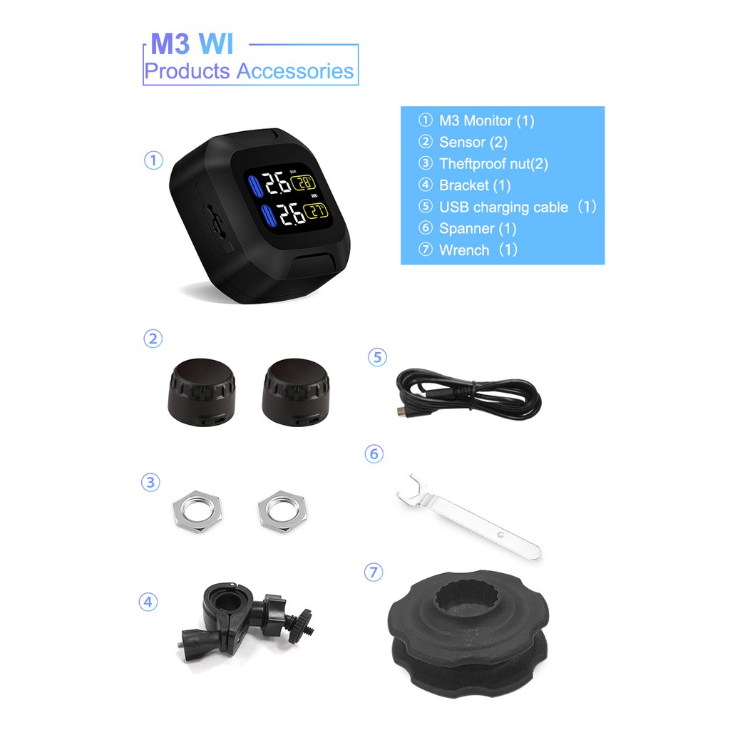 Careud Máy đo áp suất lốp xe máy chuyên nghiệp TPMS M3 với 2 cảm biến bên ngoài