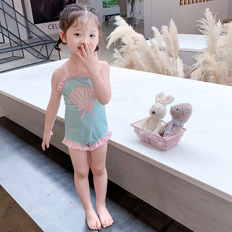 Bộ Đồ Bơi Phối Ren Thêu Hình Vỏ Sò Dễ Thương Cho Bé Gái