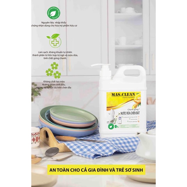 Nước rửa chén hữu cơ Mas.Clean Chanh Gừng sạch nhanh dầu mỡ và kháng khuẩn tự nhiên - can 1.8L