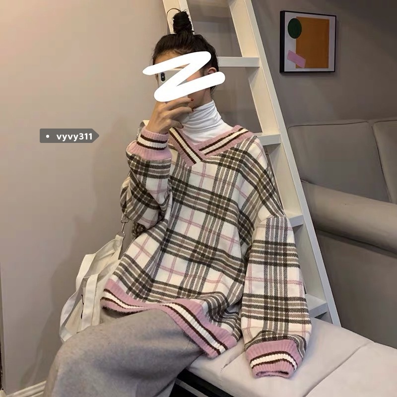 Áo len dài tay cổ chữ V phối hoạ tiết kẻ ô Ulzzang SẴN