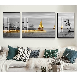 Bộ 3 tranh nghệ thuật thuyền trên biển bóng kính hoặc vải canvas ZTU_58815