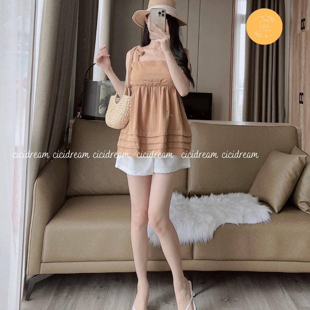 Sét 2 dây thắt nơ 4 màu phối quần đùi trắng điệu đã ngây thơ , Set bộ tiểu thư 2 dây  thời trang nữ ngọt ngào