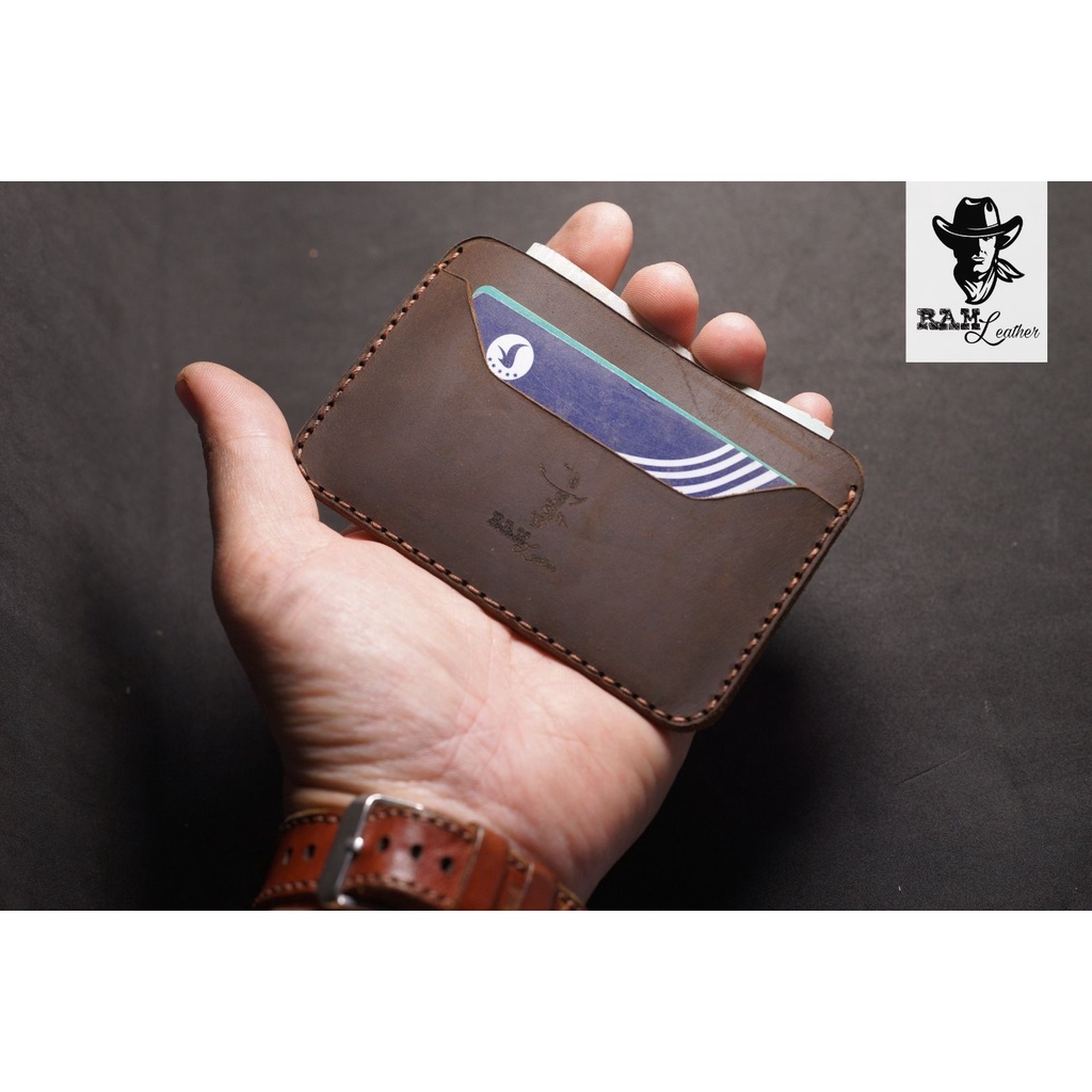 Ví nam Card Mini Da Bò RAM Leather Màu Nâu Đất Dáng Ngang