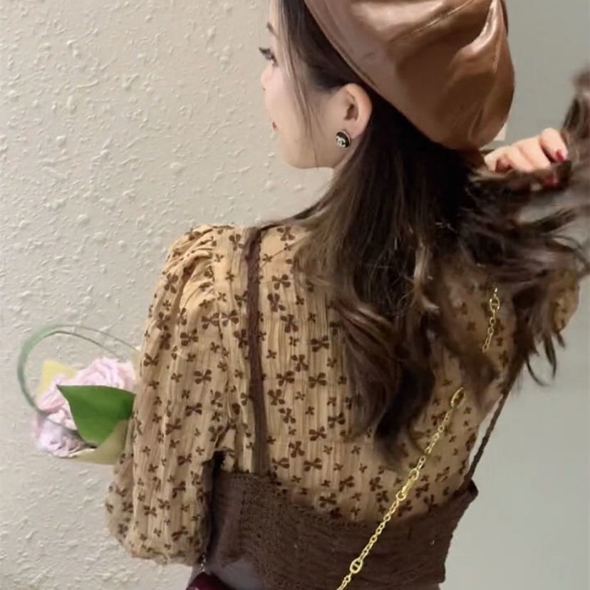 Set áo sơ mi tay dài họa tiết hoa + áo khoác voan thời trang mùa thu mới 2021