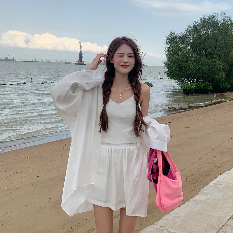 QKOOLE  Áo Sơ Mi Tay Dài Dáng Rộng Chống Nắng Thời Trang Hàn Quốc Cho Nữ