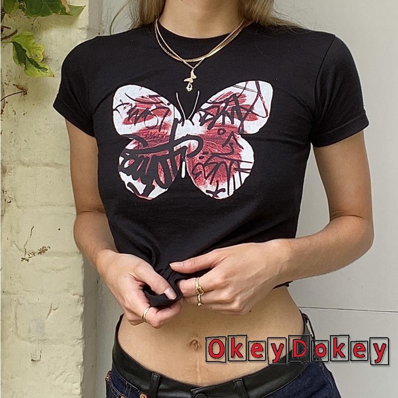 Áo Thun Croptop Cổ Tròn Tay Ngắn Dáng Ôm In Họa Tiết Thời Trang Mùa Hè Cho Nữ OKDK-y2k