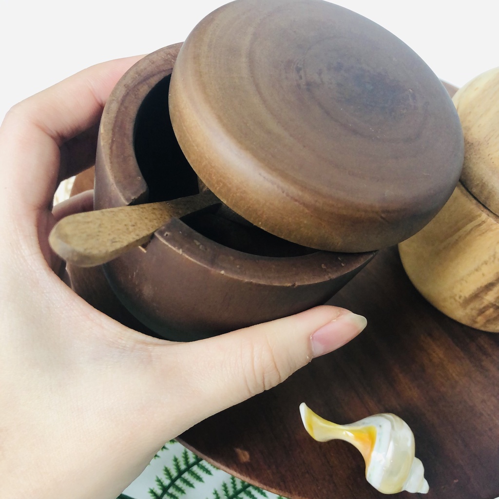 Hũ Đựng Gia Vị Bằng Gỗ Keo Kèm Thìa Có Nắp Xoay, Lọ Gia Vị Kèm Muỗng, Gia Dụng