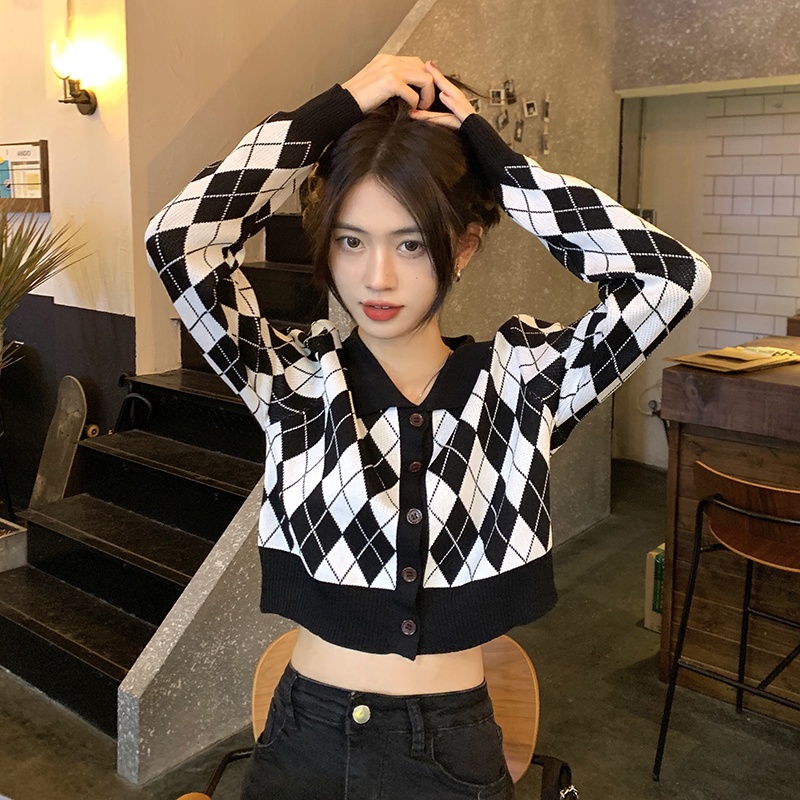 Porozi Áo cardigan dệt kim  tay dài cổ polo họa tiết sọc caro phong cách thời trang Hàn Quốc
