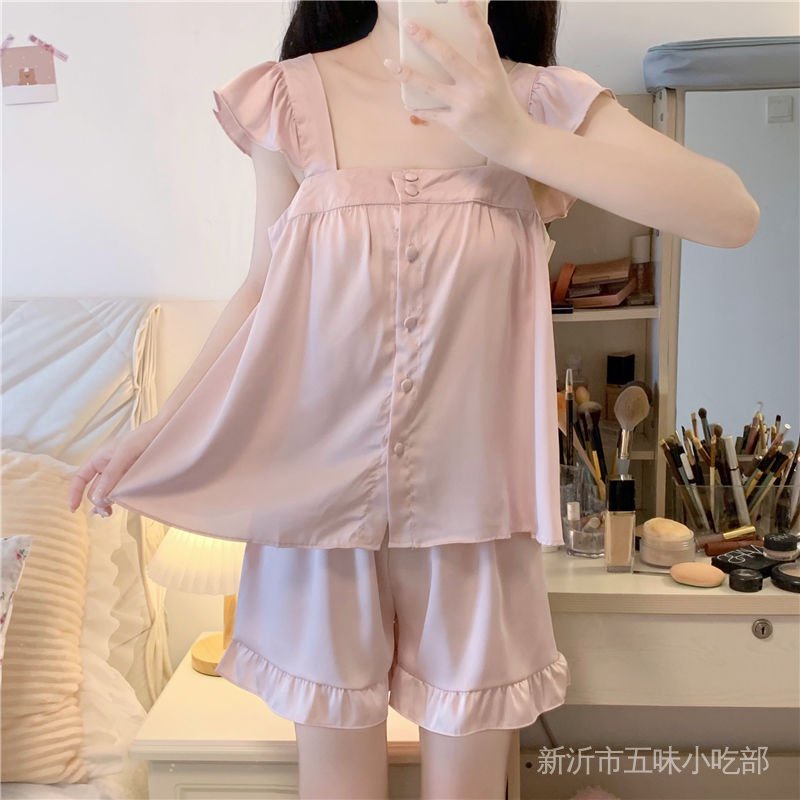 Bộ Đồ Ngủ Hai Dây Cổ Vuông Phối Bèo Màu Hồng Dễ Thương Thời Trang Mùa Hè 2022 Cho Bạn Gái