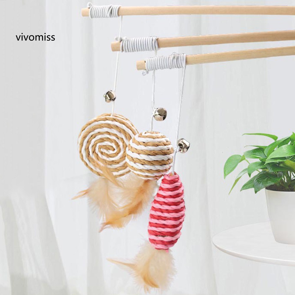 Đồ chơi cho thú cưng/mèo hình cây đũa thần gỗ đính chuông và lông vũ với quả bóng/cá/chuột
