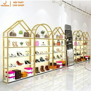 [Kho kệ cho shop] Kệ khung sắt mặt ván gỗ trưng đồ shop giày dép, mỹ phẩm, phụ kiện shop VNS-036