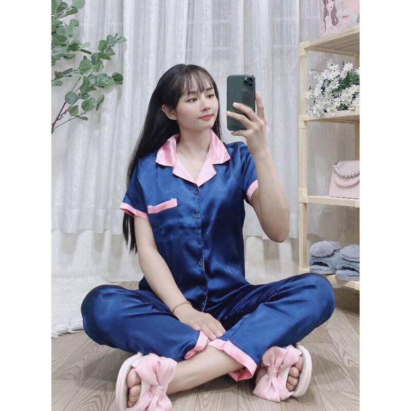 Bộ Pijama Lụa Nữ Mặc Nhà - Bộ Ngủ Phi Lụa Trơn Phối Viền Cao Cấp Cộc Tay Quần Dài Free Size 40kg - 60kg