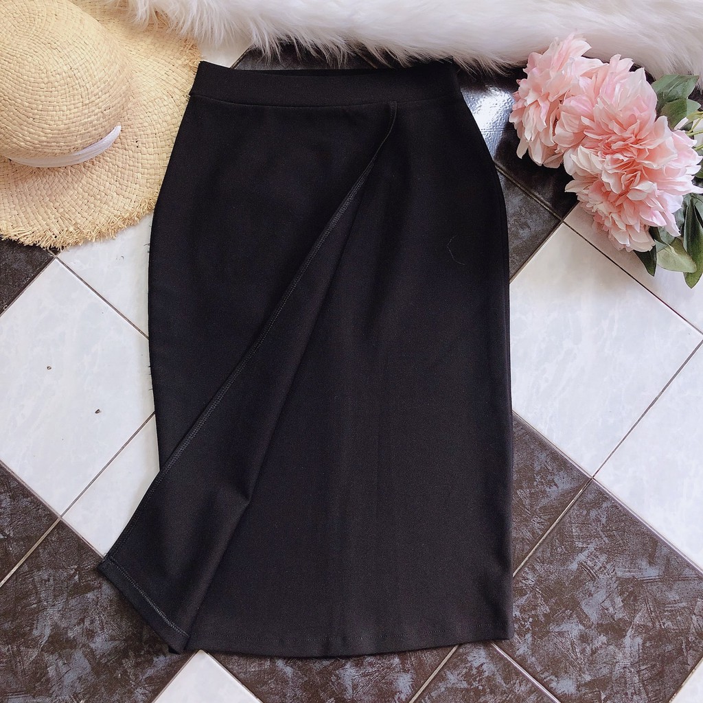 Chân váy công sở dài bigsize đắp chéo xẻ sau màu đen dài 63cm [size từ 48-85kg] | BigBuy360 - bigbuy360.vn