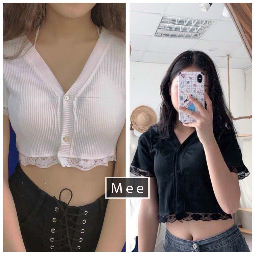 Áo croptop Phối Ren Nữ- Phông Thun Body Cổ V Dáng Ôm Ngắn Tay Ullzang Cá Tính