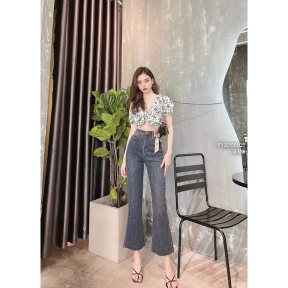 Quần jeans ống loe nơ vải