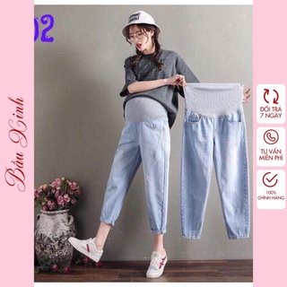 Quần bầu baggy bò - Quần bầu jean baggy công sở co giãn mềm mại đẹp có chun chỉnh