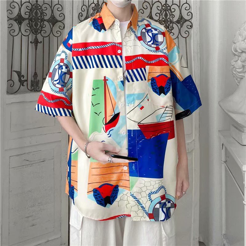 Áo sơ mi tay ngắn in họa tiết thời trang đi biển Unisex-02