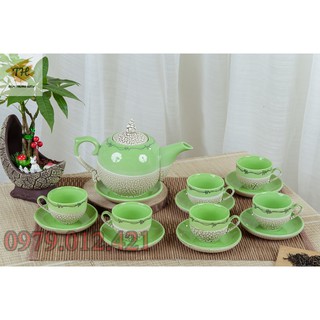 Bộ ấm chén Bát Tràng men rạn xanh cốm