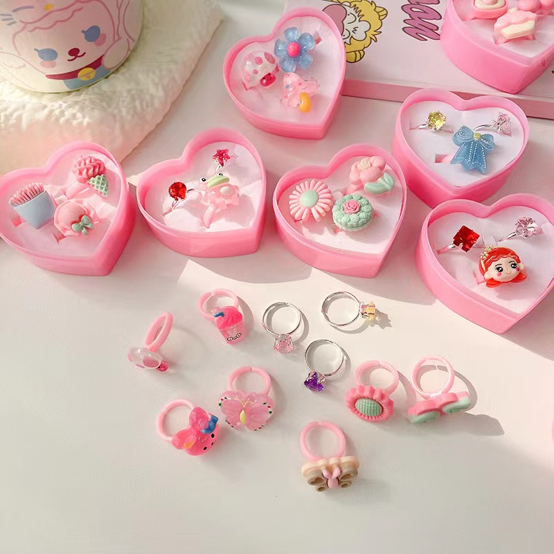 Bộ Nhẫn Nhựa Đính Đá Nhân Tạo Họa Tiết Hoạt Hình Dễ Thương Dành Cho Bé Gái