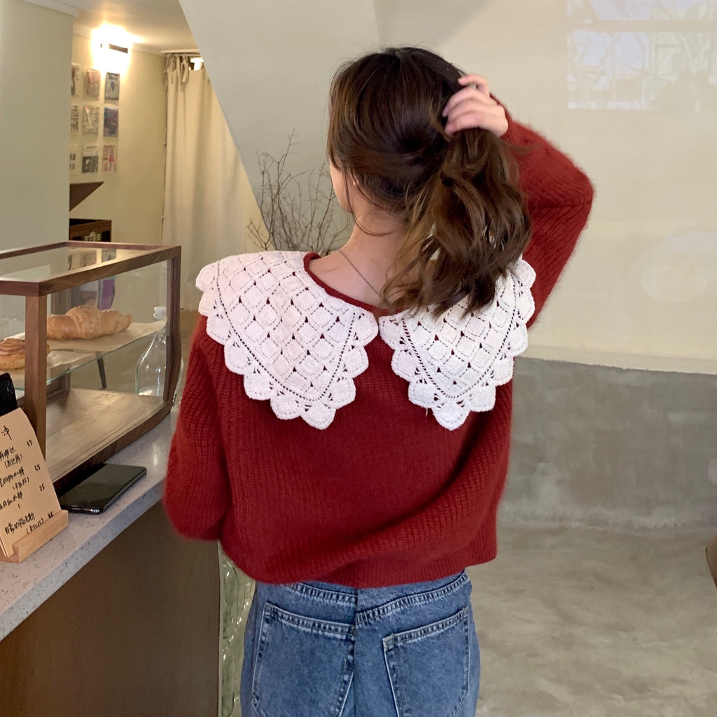 ORDER 7-10 NGÀY  Áo len cổ áo búp bê dài tay cardigan của phụ nữ đơn giản