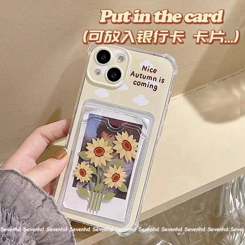 Compatible For iPhone 14 13 12 11 Pro Max X XR Xs Max 8 7 6 6s Plus SE 2020 Transparent Angel Eye Card Holder Phone Case Ins Fashion Simpe Sunflower Soft Cover