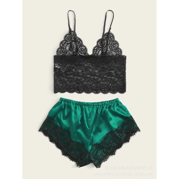 Bộ Đồ Ngủ Quần Lụa Áo Ren Gợi Cảm Quyến Rũ  [CWEAR.SEXY_ĐỒ NGỦ &amp; NỘI Y CAO CẤP]