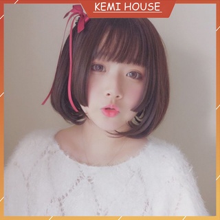 Tóc giả nữ ngắn phong cách hime Nhật Bản, tóc giả nguyên đầu mái thưa màu nâu [có sẵn]