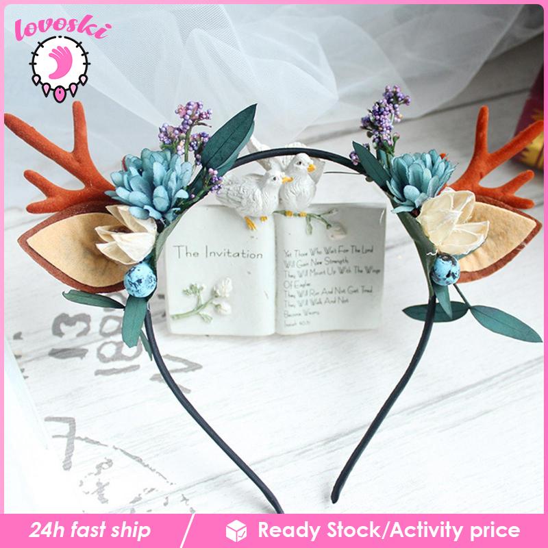 Băng Đô Cài Tóc Hình Sừng Hươu Đính Hoa Dễ Thương