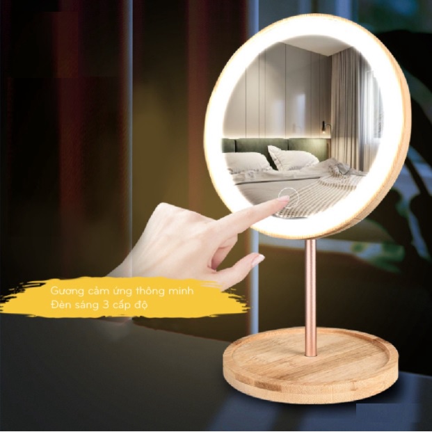 GƯƠNG TRANG ĐIỂM ĐỂ BÀN INOX/GỖ CÓ ĐÈN LED, TẶNG KÈM PIN/ DÂY SẠC MKZ156