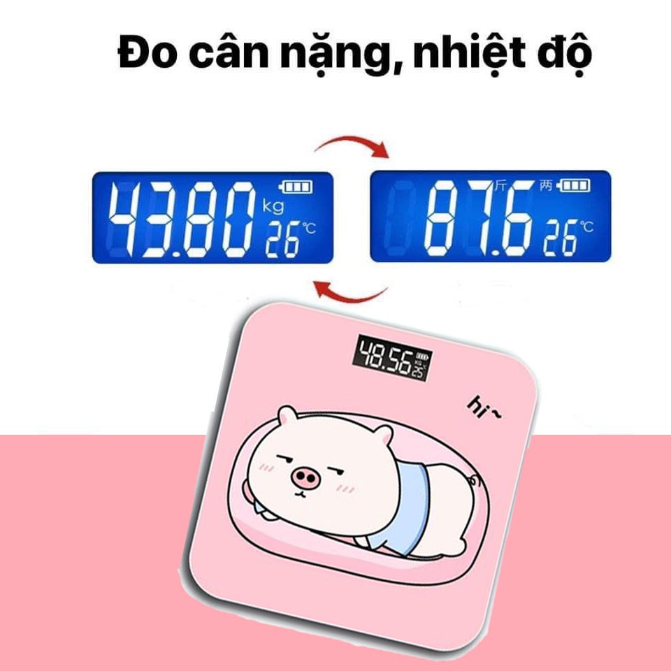 Cân Điện Tử Sức Khoẻ Sạc Pin Loại Mới, Bền Và Chịu Lực Tốt, Hình Chú Heo - Tặng Kèm Cap Sạc 180kg