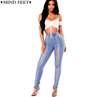 Quần jeans lưng cao đan dây cá tính cho nữ