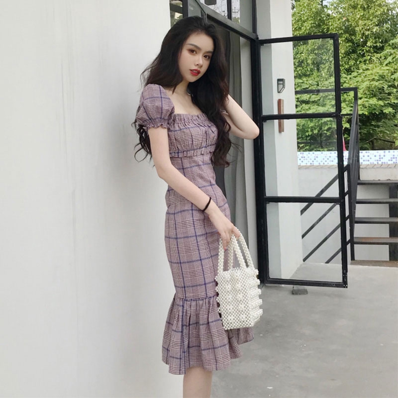 Đầm Đuôi Cá Cổ Vuông Họa Tiết Sọc Caro Phong Cách Retro | BigBuy360 - bigbuy360.vn