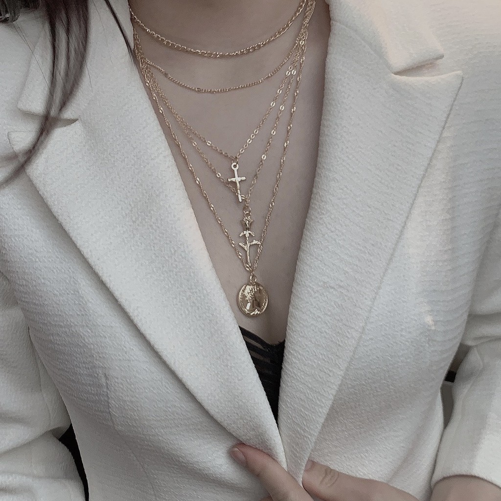 Vòng cổ choker nhiều lớp hợp kim cá tính - dây chuyền charm đồng xu hy lạp thánh giá chain necklace jewelry - Hades.js