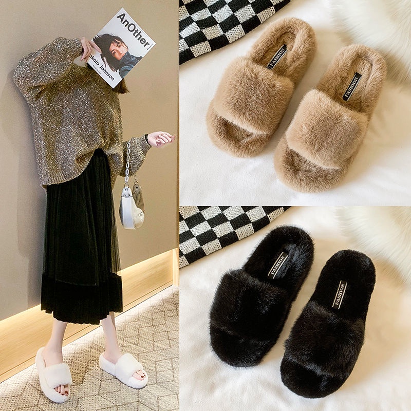 Dép Quai Ngang Phối Lông Xù Phong Cách Trẻ Trung Dành Cho Nữ