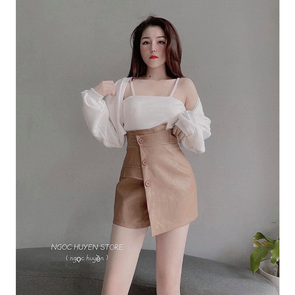 Chân váy da cạp chéo quần giả váy vạt chéo 3 cúc màu da có khóa kéo sau lưng THANH LÝ