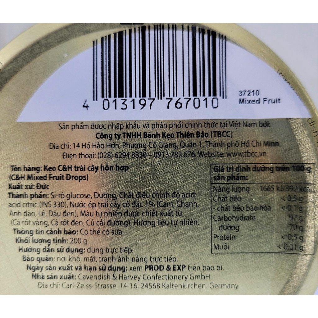 [Hộp thiếc 200g – XANH DƯƠNG] KẸO CỨNG VỊ TRÁI CÂY HỖN HỢP [Germany] CAVENDISH &amp; HARVEY Mixed Fruit Drops (tbo)