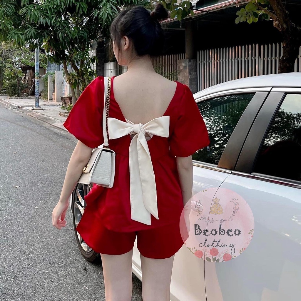 Set áo babydoll đỏ tay phồng nơ lưng kèm quần short dễ thương