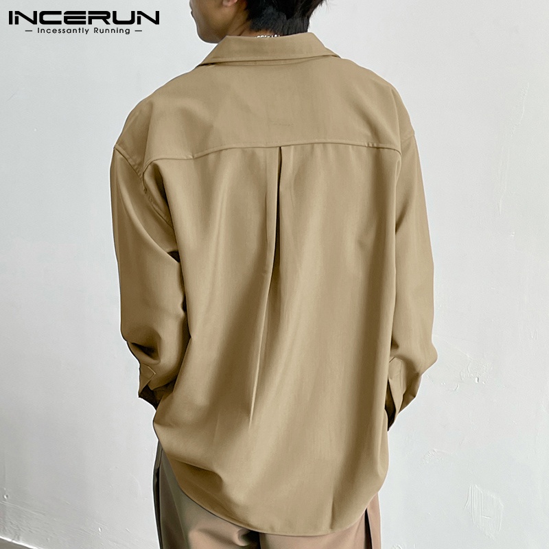 Áo sơ mi INCERUN tay dài cổ bẻ khoét lỗ 2 màu sắc tùy chọn thời trang dành cho nam