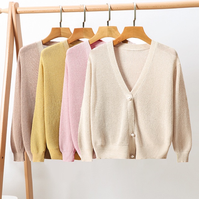 Áo cadigan len nhũ mỏng khuy ngọc, ảnh thật cuối