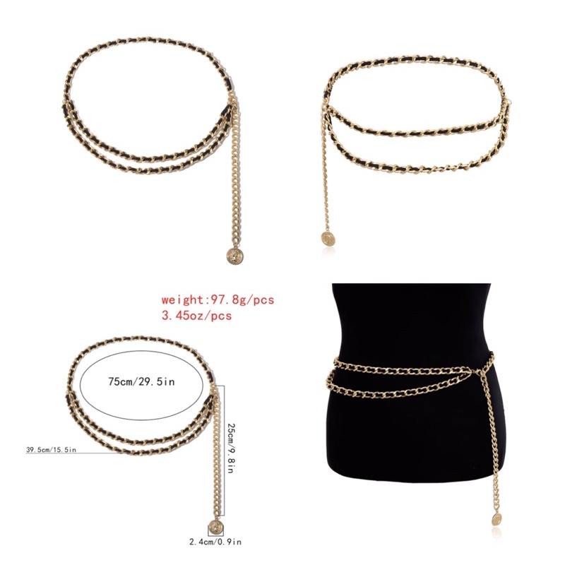 Belt xích/ Thắt lưng kim loại dây xích phối da 2 lớp - Dây xích đai váy thả eo sang chảnh cho phái nữ- Phụ kiện Moori