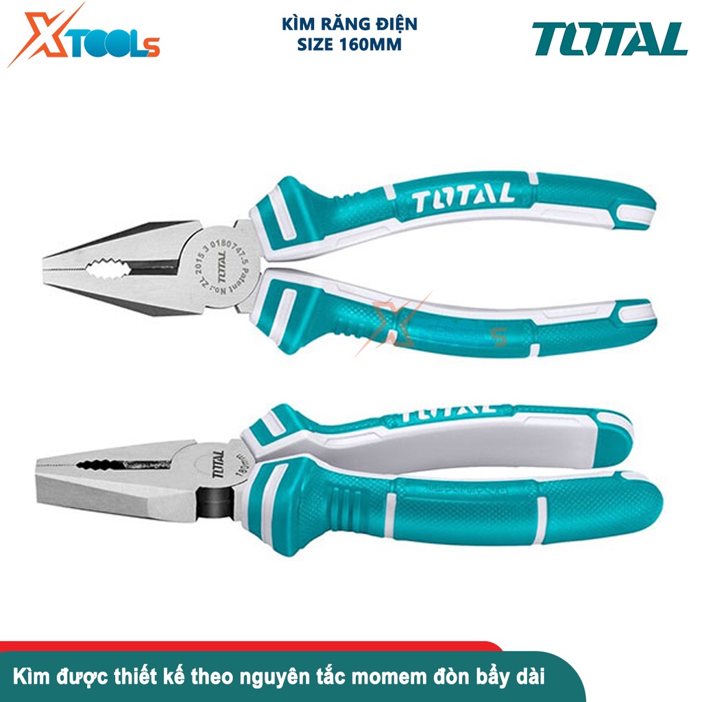Kìm điện TOTAL THT110606P | kềm răng kích thước 6''/160mm, CR-V, chất liệu PP+TPR, đầu kềm đánh bóng- CHÍNH HÃNG- XTOOLS