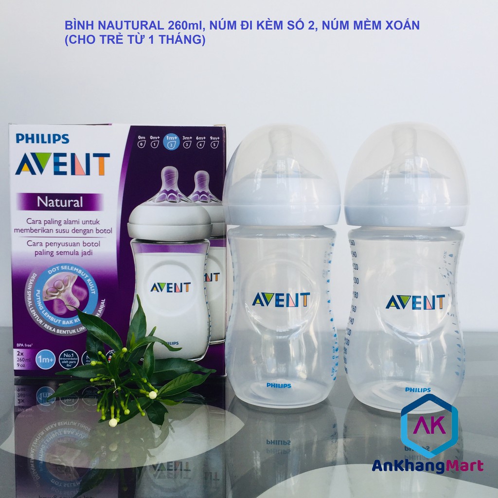 Bình Avent Nautural 260ml Các loại (Núm số 2, 1 tháng+)