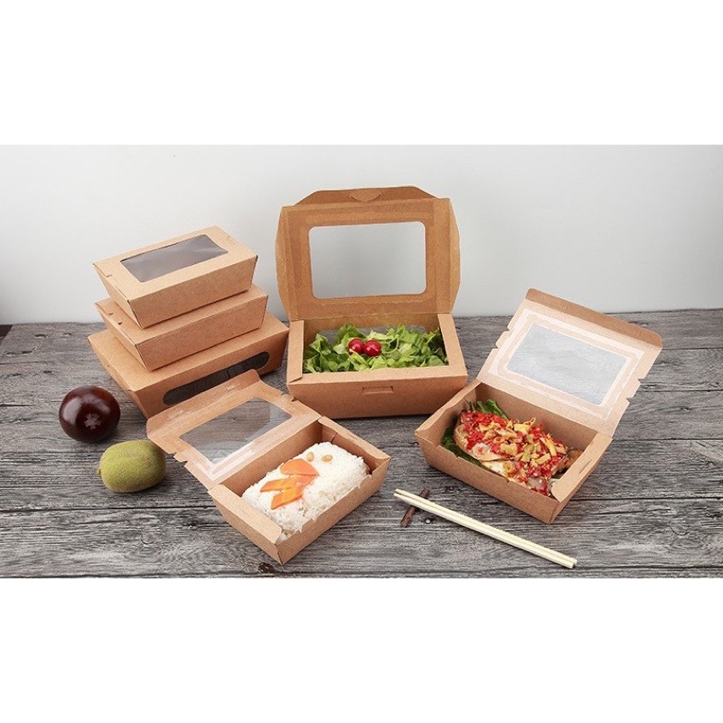 Hộp giấy kraft đựng bánh, thực phẩm nắp gập mặt kiếng - set 10 cái