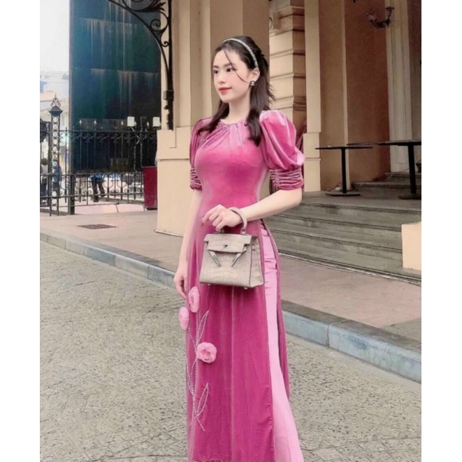 Áo dài nhung kết hoa tay nhúm điệu đà kiểu dáng hiện đại trẻ trung 4 màu đỏ, hồng, vàng, xanh, xưởng chuyên ad cách tân