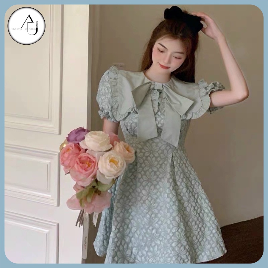 Đầm Gấm Xanh Dự Tiệc Tay Phồng AU.DESIGN Cổ Sen Bèo Nơ Sang Chảnh Màu Xanh Mint Freesize