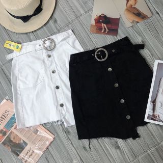 Chân váy kaki nút phối dây nịt