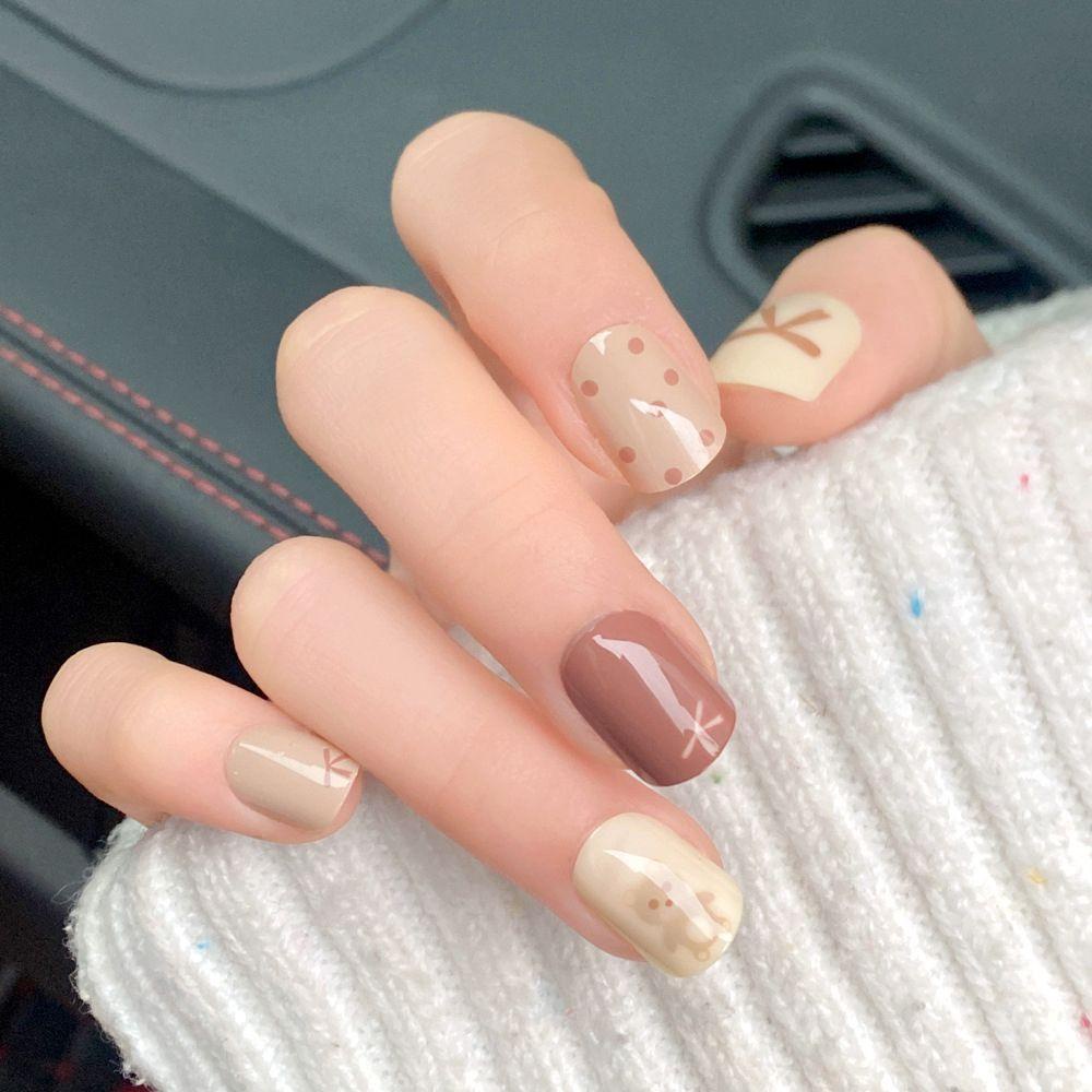 Bộ Móng Tay Giả Ngắn Họa Tiết Gấu Hoạt Hình Dễ Thương
